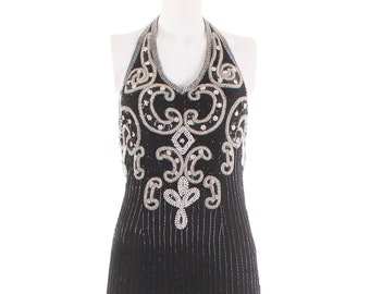 Vintage Jagswear Los Angeles Pailletten und Perlen Seidenkleid in Schwarz und Silber Metallic Größe P / 2 / 33 "Büste 28" Taille