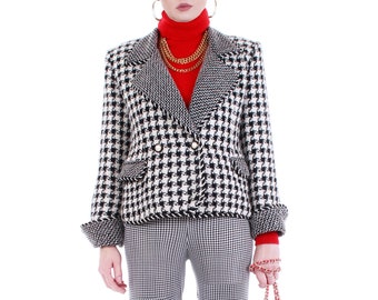 80s 90s Vintage Houndstooth Tweed Black and White Jacket Made in the USA Women's Size Medium / 40" bust / 33" waist