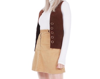 70s Vintage Suede Leather Vest in Dark Brown with Gold Metal O-Rings Size XS - Small - 33" bust