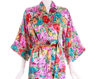 Vintage Nordstrom Robe Silky Colorful Satin Kimono Sleeves Swimsuit Coverup Size Medium Large Petite