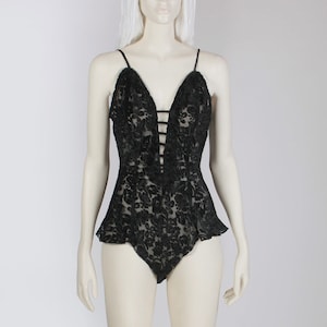 Vintage VICTORIAS SECRET Gold Label Black Burnout Velvet Teddy Lingerie Romper Women&#39;s Size Medium - Large - 36&quot; bust - 34&quot; waist - 48&quot; hips
