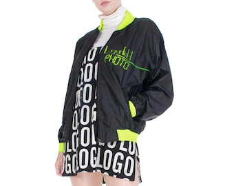 80s Karl Lagerfeld Black and Neon Green Spellout Lightweight Windbreaker Jacket Size S