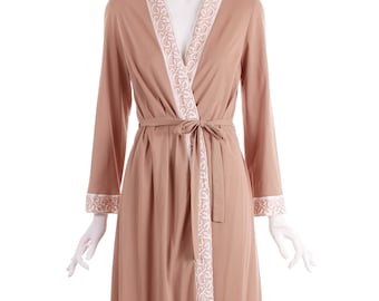 Vintage Gossard Artemis Tan and White Silky Nylon Belted Robe House Dress Size Small / Medium
