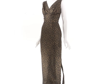 1950s Vtg Fleur-de-lis Bronze and Black Fitted Gown Women's Size 2 / XS / 34-24-34