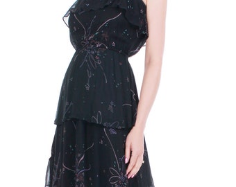 Vestido campesino vintage de los años 70 con volantes transparentes y estampado floral color lavanda de Arjon California, talla 7, pequeño, mediano, busto de 71 a 101 cm, cintura de 56 a 86 cm y caderas de 112 cm