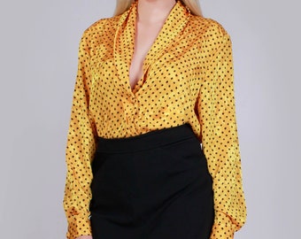 80s Silky Yellow and Black PLUNGE Shawl Collar Blouse Made in Korea Women's Size Large - 44" bust - 42" waist - 26" long