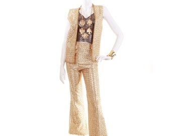 1970s Vintage Gold Metallic Lamé 2pc High Waist Bell Bottom Pants and Tunic Vest Size 2 - XS / 22-24" waist / 33" hips / 28" inseam