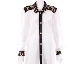 90s Iridescent White Organza w/ Black and Gold Embroidery Button Down Tunic by Park USA Size Medium - Large