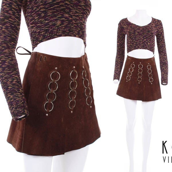 60s Vintage Suede O-Ring Mini Skirt Brown Genuine Leather High Waisted 70s Boho Retro Mod RARE Women's Size Small