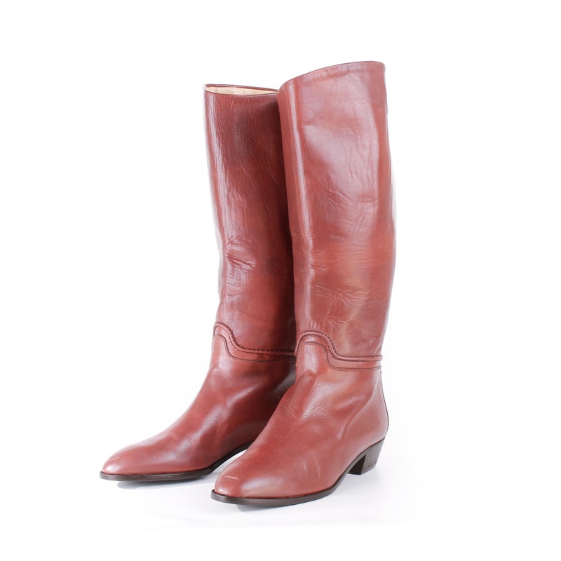 Vintage Over The Knee Boots Tan Leather Flat Riding Boots Handmade in Italy OTK