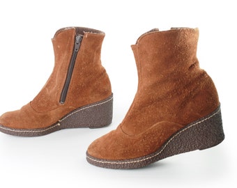 70s Ante Cuero Goma Cuña Plataforma Botines Naranja-Bronceado Hecho en los EE.UU. Talla de Mujer 5 M