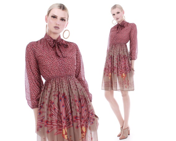 Vintage 1970s Top Act Semi Sheer Mauve Peacock Feather Knee Length