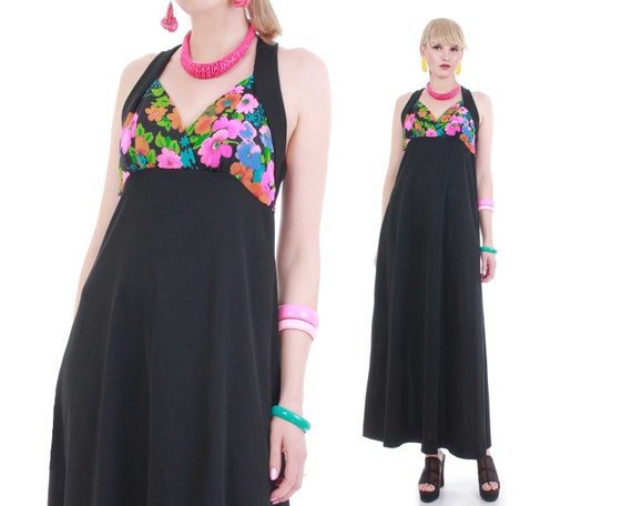 60s Vintage Neon Floral Bustier Halter Maxi Dress