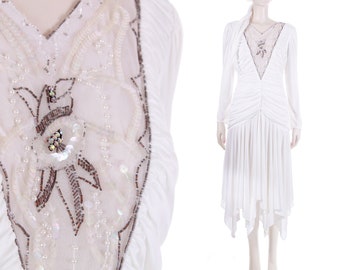 80s Abby Kent Pearls and Sequin White Liquid Layered Draped Long Sleeve Dress Size 8 / Medium / 36" bust - 27" waist