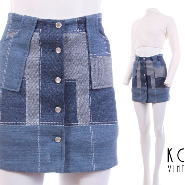 High Waist Skort High Waisted Skirt Mini Skirt Blue Poly Denim Patchwork 70s Clothing Retro Boho Vintage Clothing Women's Size XS - 24"Waist