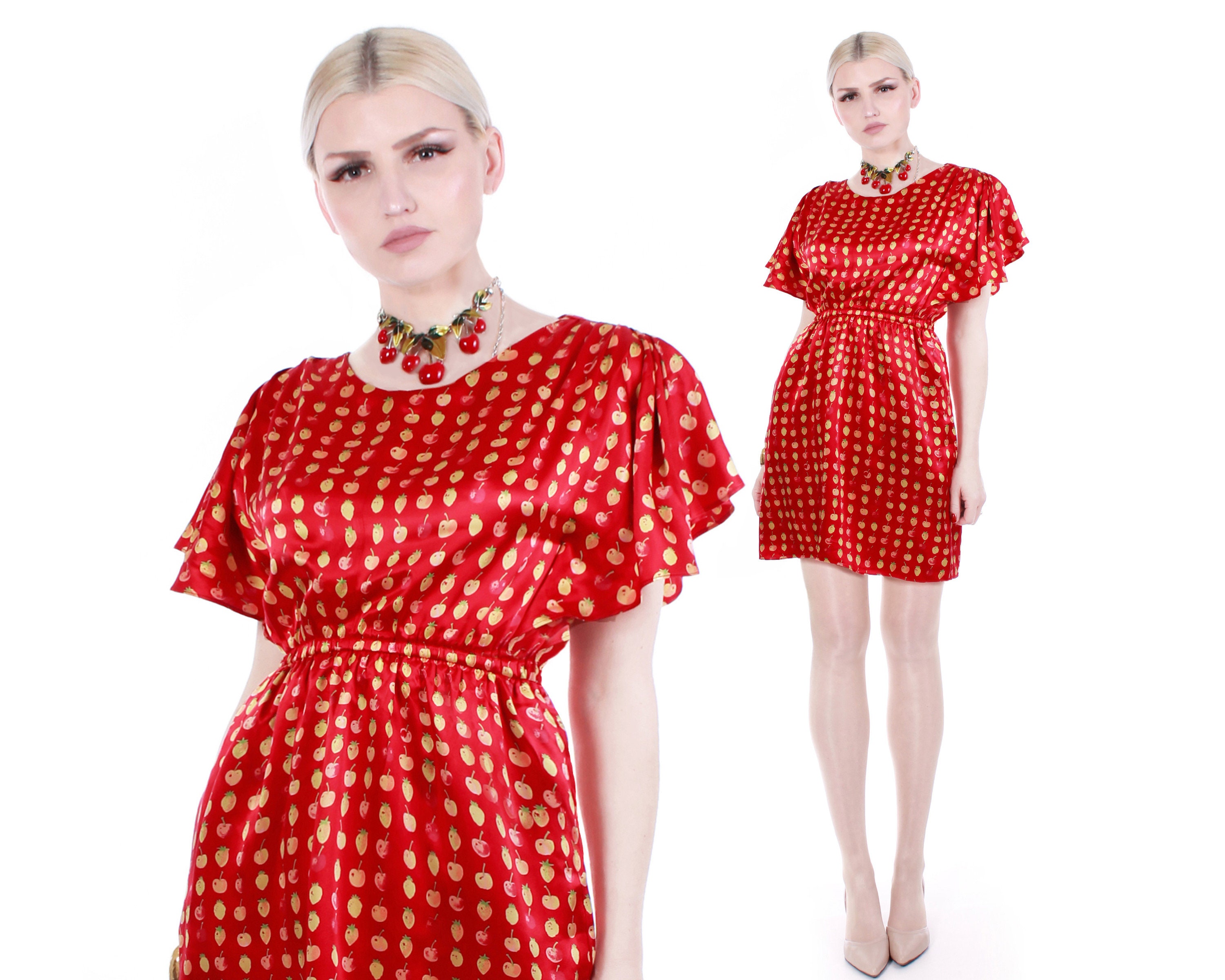 90s Betsey Johnson New York Red Silk Berry Print Dress Made in the