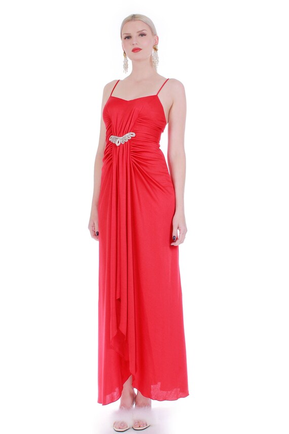 70s Disco Red Ruched Sparkly Sequin Disco Gown Ma… - image 1