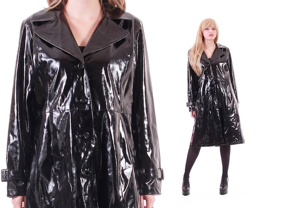 Black PVC Raincoat Mac Wet Look Goth Minimalist Futuristic Vinyl Rain Coat Long Midi Slicker 90s Vintage Clothing Womens Size XL Etsy New Zealand