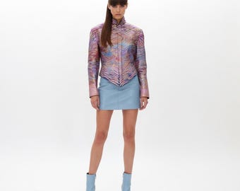 Vintage Metallic Leather Jacket: Psychedelic Swirl Pattern, Fitted Futuristic Style (Size XS)