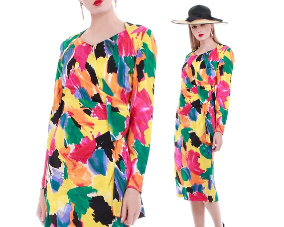 80s Colorful SILK Long Sleeve Midi Wrap Dress with