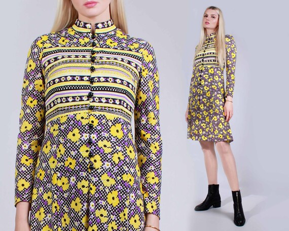 60s MOD Jaune Violet Noir Blanc GEO Floral Imprime Slippery Nylon Robe Manches Longues Taille Femme XS Small Buste 34 Taille 28 Hanches 34 Etsy France