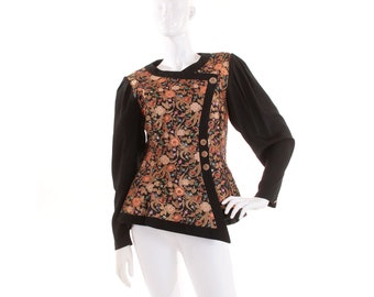 80s BB Collections Gold Metallic Floral Brocade Black Puff Sleeve Top Asymmetrical Jacket 34" bust marked size 10