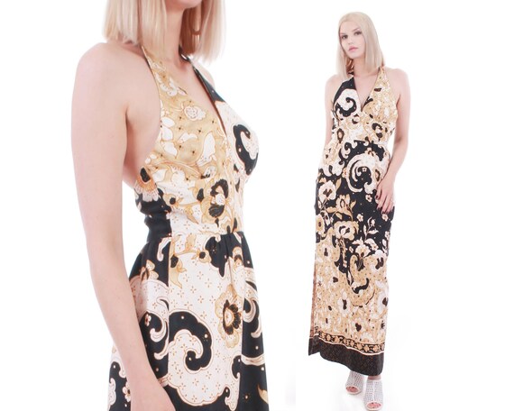 70s Psychedelic Barkcloth Hawaiian Halter Maxi Dre