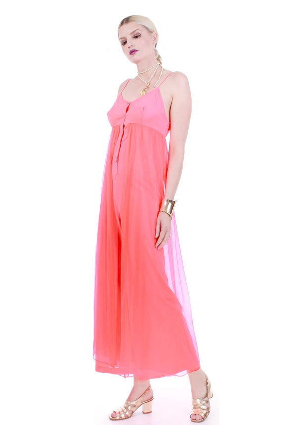 60s Coral Pink Sheer Double Layer Nylon Jumpsuit … - image 4