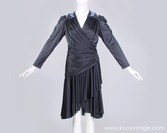 80s Abby Kent Glossy Black Draped Wrap Dress Blue… - image 3