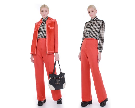 70s Orange Leather and Wool Knit Pantsuit High Wai