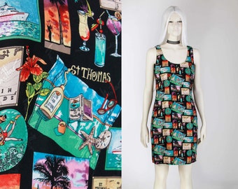 Vintage NICOLE MILLER Silk Vacation Novelty Print Tank Dress Made in the USA Size 6 - 8 - Small - Medium - 36" bust - 30" waist - 37" waist