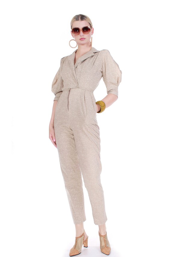 80s Vintage Cotton Puff Sleeve Jumpsuit in Speckle
