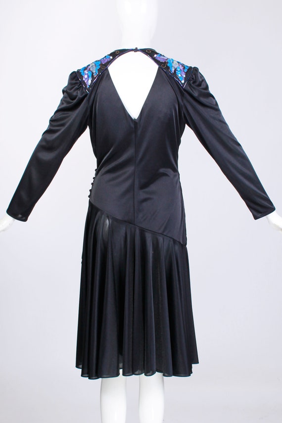 80s Abby Kent Glossy Black Draped Wrap Dress Blue… - image 7