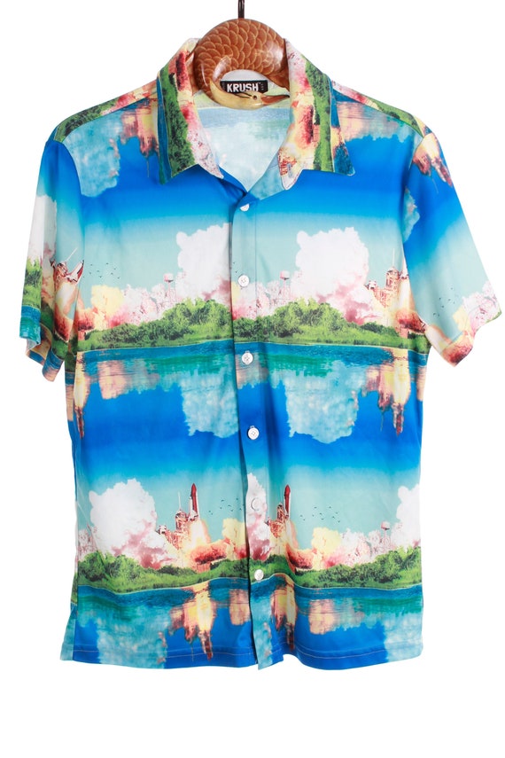 1990s Space Shuttle Rocket Launch Allover Print S… - image 1