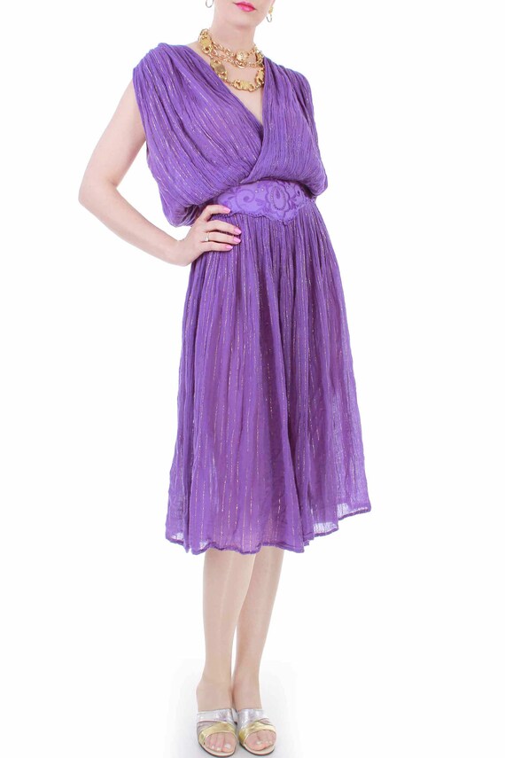 70s Vintage Purple Gauze Metallic Draped Plunging