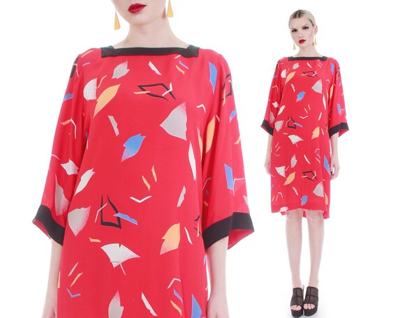 Vtg Silky Kimono Sleeve Tunic Dress Red Abstract … - image 1