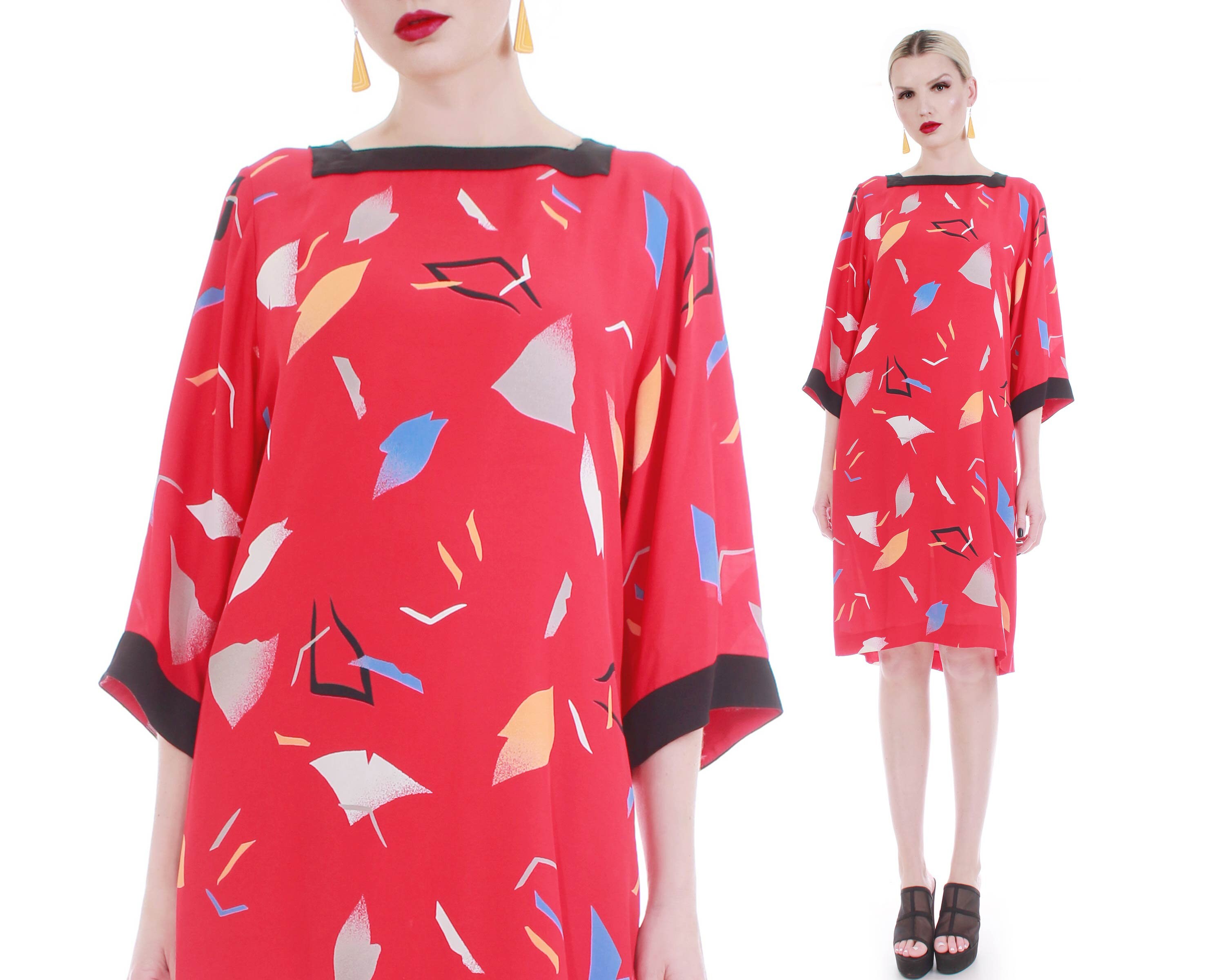 Vtg Silky Kimono Sleeve Tunic Dress Red Abstract Print Union