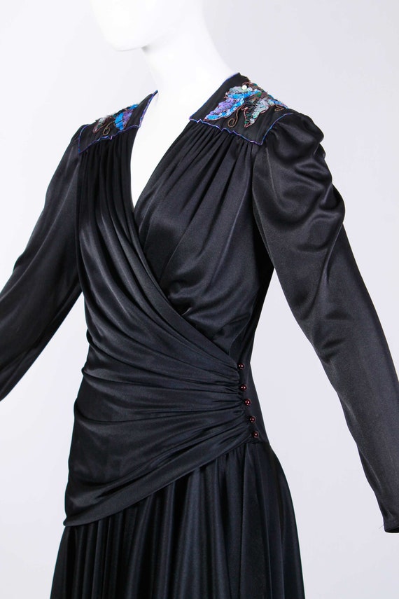 80s Abby Kent Glossy Black Draped Wrap Dress Blue… - image 4