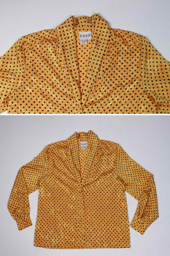 80s Silky Yellow and Black PLUNGE Shawl Collar Bl… - image 6