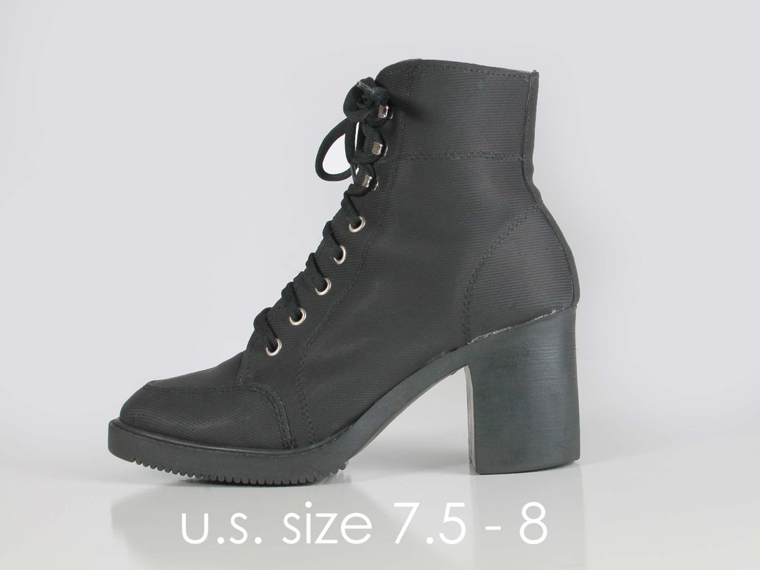 Vtg 90s GRAPHIQUE Made in Italy Black Canvas Lace up Chunky Block Heel ...