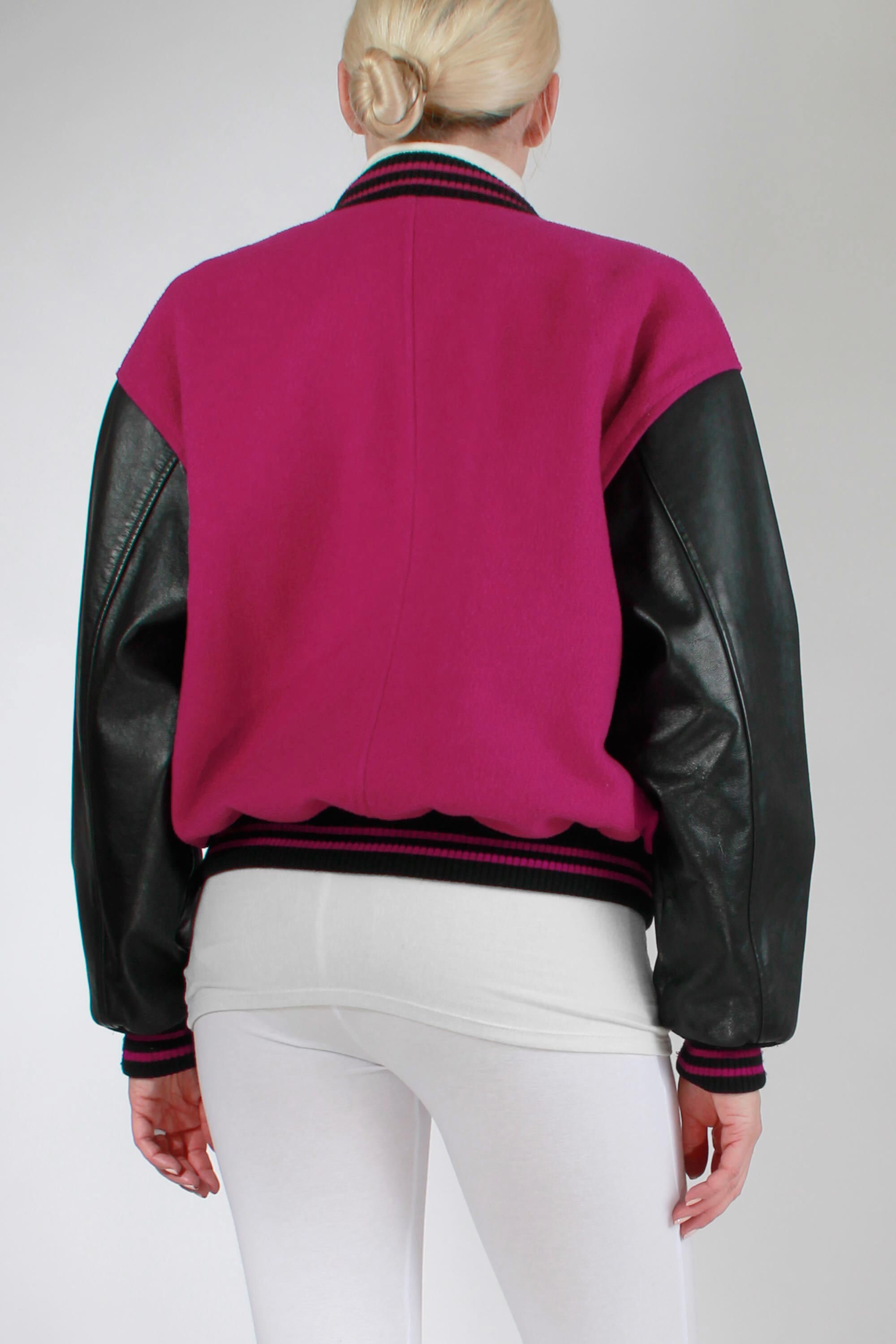 Vintage 80s Dark Pink Wool and Black Leather Letterman