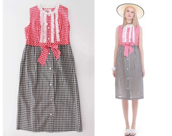 Deadstock Vintage Loll Ease Red Black and White Gingham Checkered Shift Dress Size M/L 10-12