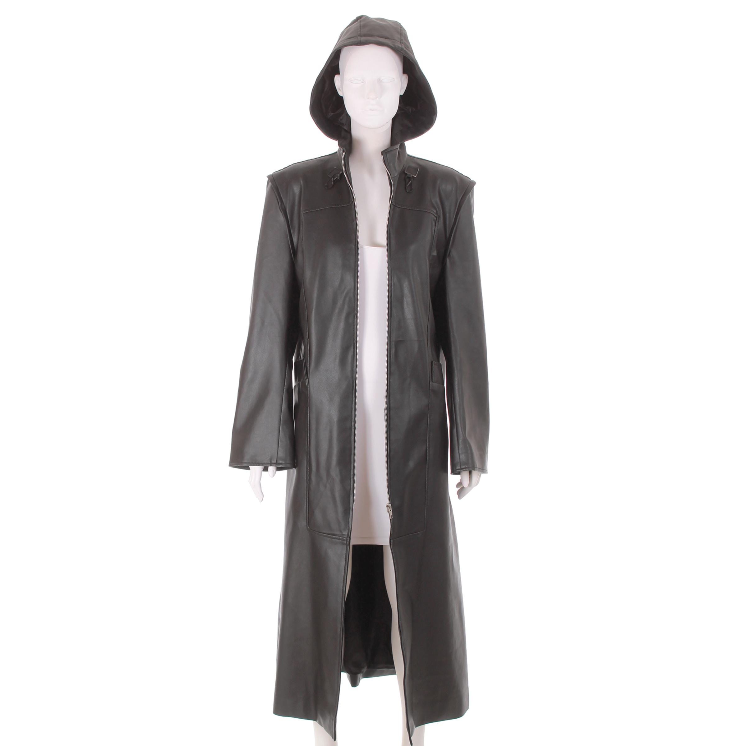 Vintage 1990s Black Faux Leather Hooded Duster Jacket Long Matrix