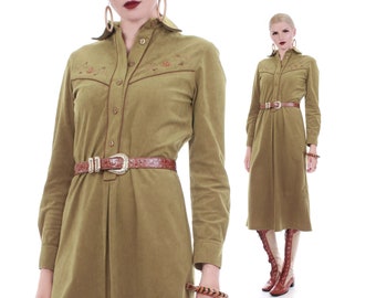 70s Japanese Faux Suede Green Floral Embroidered Long Sleeve Collared Shirt Dress Womens Size Medium - 38" bust - 36" waist - 38" hips