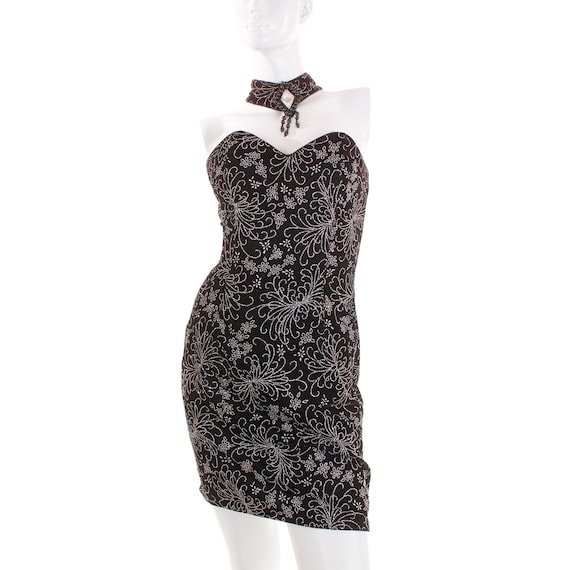 80s 90s Jessica McClintock Rainbow Glitter Black Velvet Choker Mini Dress Women's Size 7/8