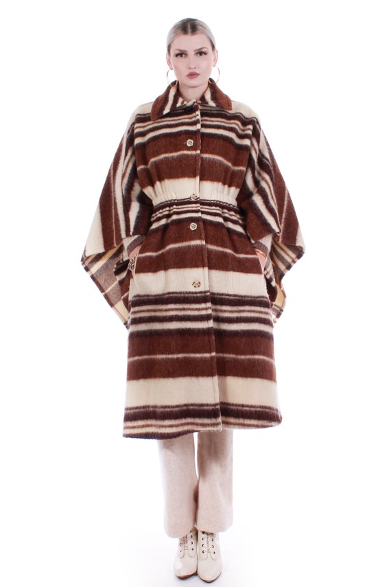 Vintage Striped Virgin Wool Ivory and Brown Heavy… - image 3
