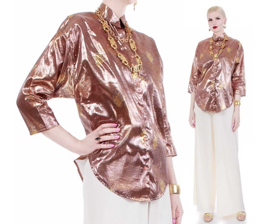 80s Rose Gold Metallic Batwing Blouse Womens Size