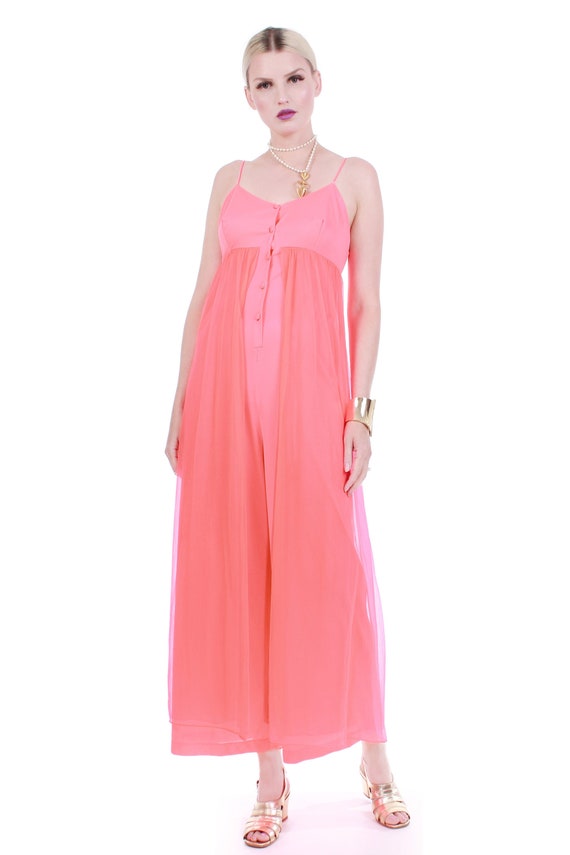 60s Coral Pink Sheer Double Layer Nylon Jumpsuit … - image 3