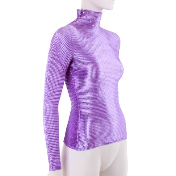 90s Y2K Shiny Purple Crinkle Long Sleeve Top Size… - image 3