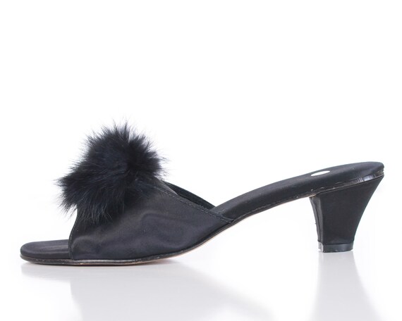 Vintage Fur Pom Pom Black Satin Bedroom Slippers P